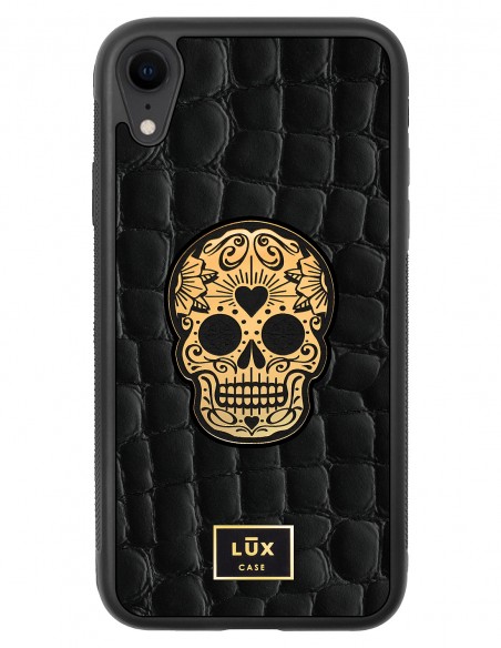 Etui premium skórzane, case na smartfon APPLE iPhone XR. Skóra crocodile czarna ze złotą czaszką.