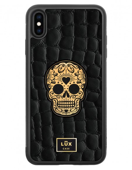 Etui premium skórzane, case na smartfon APPLE iPhone XS MAX. Skóra crocodile czarna ze złotą blaszką i czaszką.