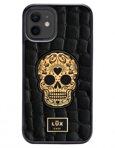 Etui premium skórzane, case na smartfon APPLE iPhone 12 MINI. Skóra crocodile czarna ze złotą blaszką i czaszką.