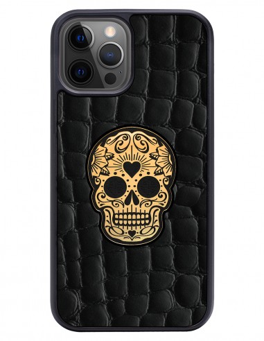 Etui premium skórzane, case na smartfon APPLE iPhone 12 PRO. Skóra crocodile czarna ze złotą czaszką.