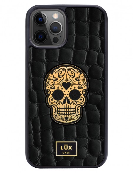 Etui premium skórzane, case na smartfon APPLE iPhone 12 PRO. Skóra crocodile czarna ze złotą blaszką i czaszką.