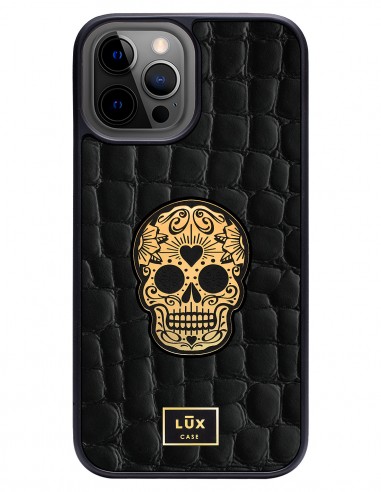 Etui premium skórzane, case na smartfon APPLE iPhone 12 PRO MAX. Skóra crocodile czarna ze złotą blaszką i czaszką.