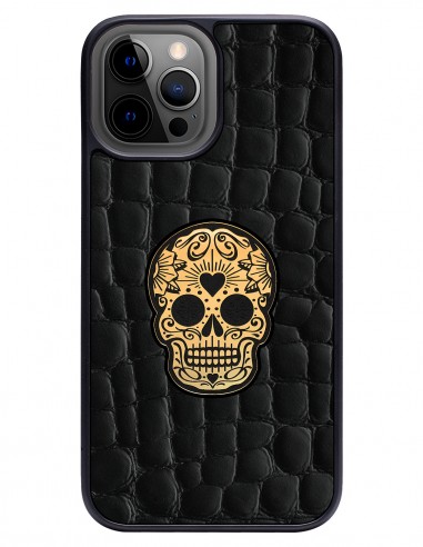 Etui premium skórzane, case na smartfon APPLE iPhone 12 PRO MAX. Skóra crocodile czarna ze złotą czaszką.