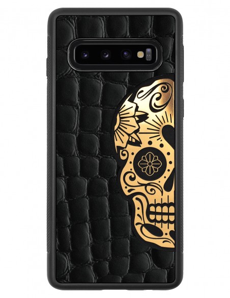 Etui premium skórzane, case na smartfon SAMSUNG GALAXY S10. Skóra crocodile czarna ze złotą blaszką i czaszką.