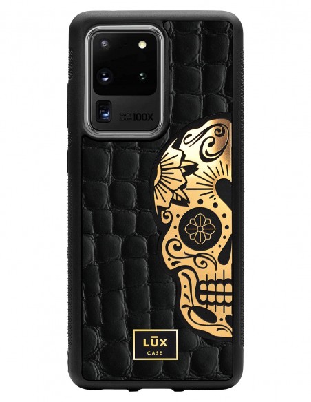 Etui premium skórzane, case na smartfon SAMSUNG GALAXY S20 ULTRA. Skóra crocodile czarna ze złotą blaszką i czaszką.