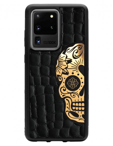 Etui premium skórzane, case na smartfon SAMSUNG GALAXY S20 ULTRA. Skóra crocodile czarna ze złotą blaszką i czaszką.