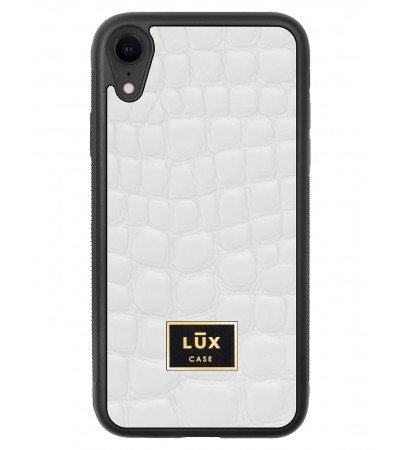 Etui premium skórzane, case na smartfon APPLE iPhone XR. Skóra crocodile biała ze złotą blaszką.