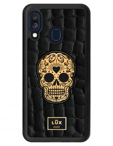 Etui premium skórzane, case na smartfon SAMSUNG GALAXY A40. Skóra crocodile czarna ze złotą blaszką i czaszką.