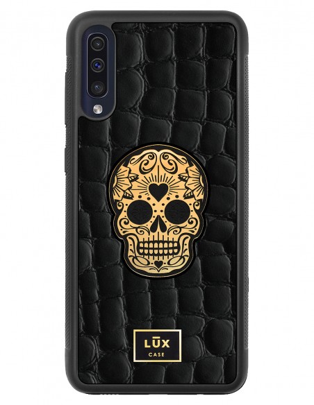 Etui premium skórzane, case na smartfon SAMSUNG GALAXY A50. Skóra crocodile czarna ze złotą blaszką i czaszką.