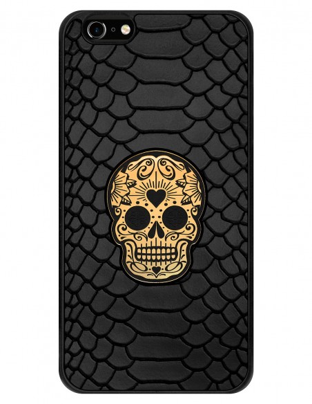 Etui premium skórzane, case na smartfon APPLE iPhone 6S PLUS. Skóra python czarna mat ze złotą czaszką.