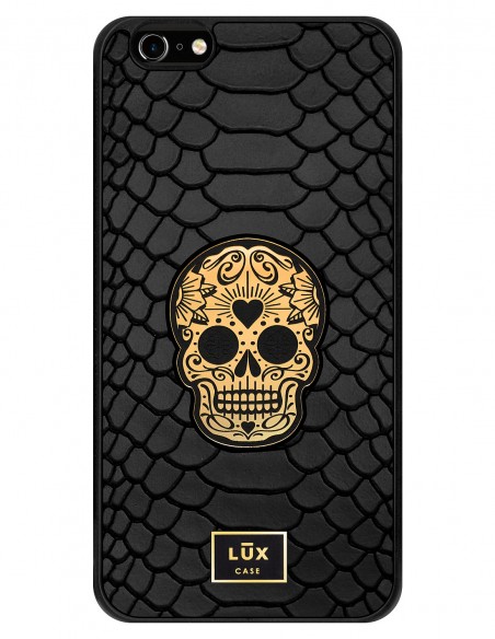 Etui premium skórzane, case na smartfon APPLE iPhone 6S PLUS. Skóra python czarna mat ze złotą blaszką i złotą czaszką.