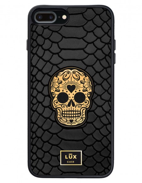 Etui premium skórzane, case na smartfon APPLE iPhone 7 PLUS. Skóra python czarna mat ze złotą blaszką i złotą czaszką.