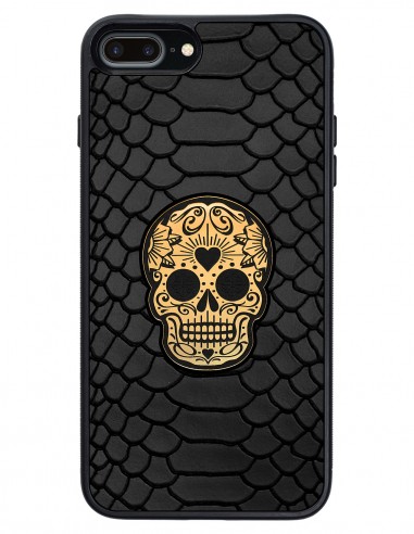 Etui premium skórzane, case na smartfon APPLE iPhone 8 PLUS. Skóra python czarna mat ze złotą czaszką.