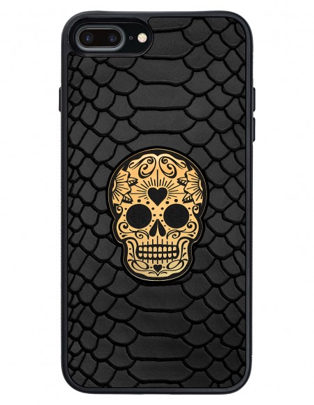 Etui premium skórzane, case na smartfon APPLE iPhone 8 PLUS. Skóra python czarna mat ze złotą czaszką.