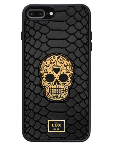 Etui premium skórzane, case na smartfon APPLE iPhone 8 PLUS. Skóra python czarna mat ze złotą blaszką i złotą czaszką.