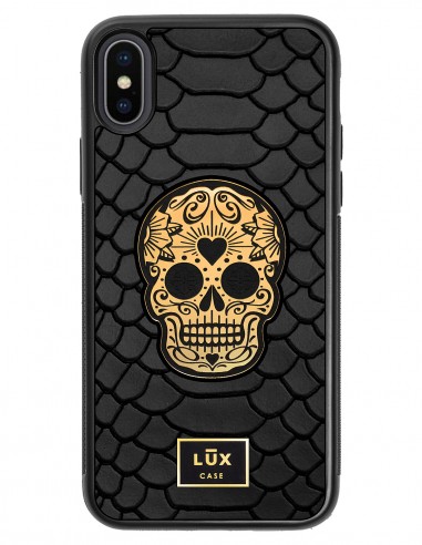 Etui premium skórzane, case na smartfon APPLE iPhone X. Skóra python czarna mat ze złotą blaszką i złotą czaszką.