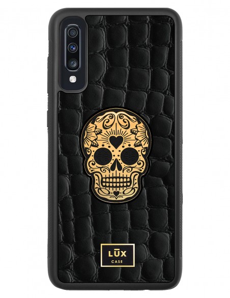 Etui premium skórzane, case na smartfon SAMSUNG GALAXY A70. Skóra crocodile czarna ze złotą blaszką i czaszką.