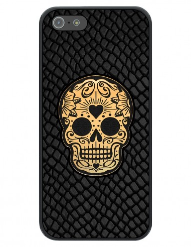 Etui premium skórzane, case na smartfon APPLE iPhone 5S. Skóra iguana czarna ze złotą czaszką.