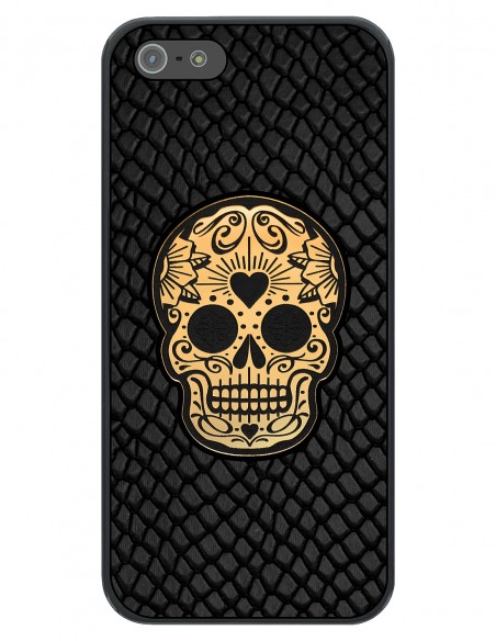 Etui premium skórzane, case na smartfon APPLE iPhone 5. Skóra iguana czarna ze złotą czaszką.