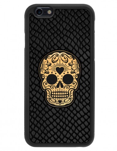 Etui premium skórzane, case na smartfon APPLE iPhone 6. Skóra iguana czarna ze złotą czaszką.