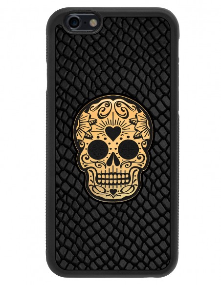 Etui premium skórzane, case na smartfon APPLE iPhone 6S. Skóra iguana czarna ze złotą czaszką.