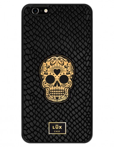 Etui premium skórzane, case na smartfon APPLE iPhone 6 PLUS. Skóra iguana czarna ze złotą blaszką i złotą czaszką.