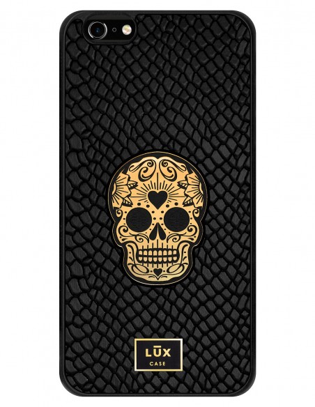 Etui premium skórzane, case na smartfon APPLE iPhone 6 PLUS. Skóra iguana czarna ze złotą blaszką i złotą czaszką.