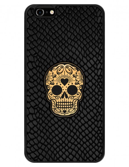 Etui premium skórzane, case na smartfon APPLE iPhone 6 PLUS. Skóra iguana czarna ze złotą czaszką.