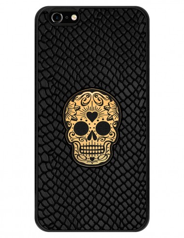 Etui premium skórzane, case na smartfon APPLE iPhone 6S PLUS. Skóra iguana czarna ze złotą czaszką.