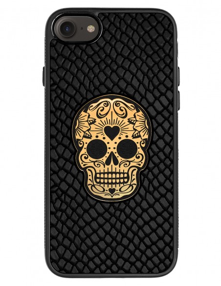 Etui premium skórzane, case na smartfon APPLE iPhone 7. Skóra iguana czarna ze złotą czaszką.