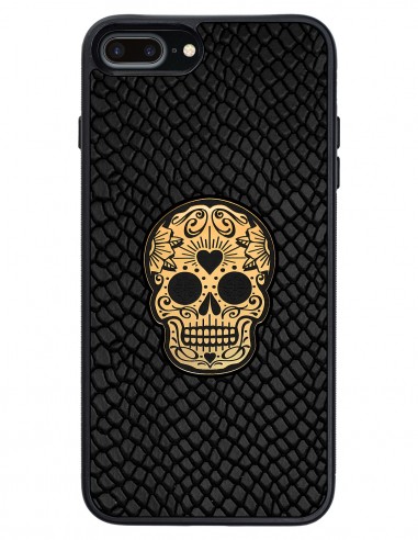 Etui premium skórzane, case na smartfon APPLE iPhone 7 PLUS. Skóra iguana czarna ze złotą czaszką.