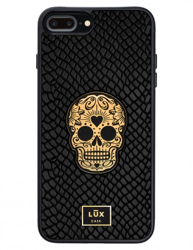 Etui premium skórzane, case na smartfon APPLE iPhone 8 PLUS. Skóra iguana czarna ze złotą blaszką i złotą czaszką.