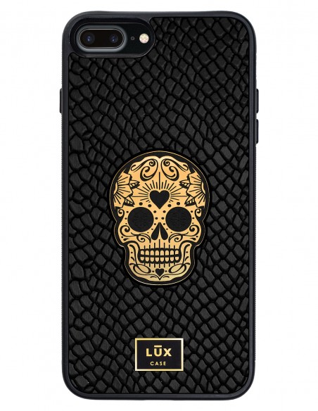 Etui premium skórzane, case na smartfon APPLE iPhone 8 PLUS. Skóra iguana czarna ze złotą blaszką i złotą czaszką.