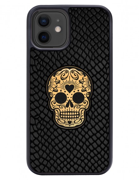 Etui premium skórzane, case na smartfon APPLE iPhone 12. Skóra iguana czarna ze złotą czaszką.