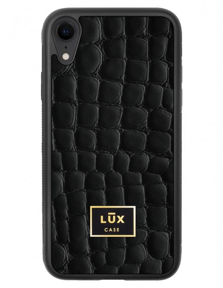Etui premium skórzane, case na smartfon APPLE iPhone XR. Skóra crocodile czarna ze złotą blaszką.
