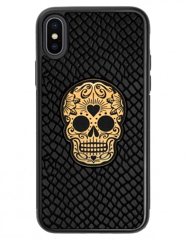 Etui premium skórzane, case na smartfon APPLE iPhone X. Skóra iguana czarna ze złotą czaszką.