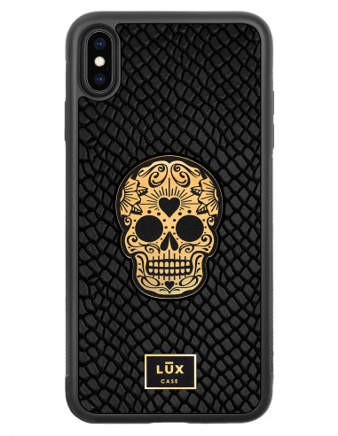 Etui premium skórzane, case na smartfon APPLE iPhone XS MAX. Skóra iguana czarna ze złotą blaszką i złotą czaszką.