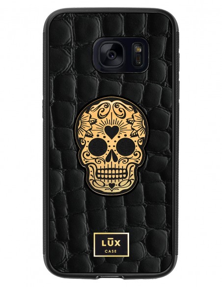 Etui premium skórzane, case na smartfon SAMSUNG GALAXY S7. Skóra crocodile czarna ze złotą blaszką i czaszką.