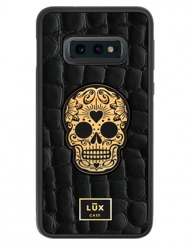 Etui premium skórzane, case na smartfon SAMSUNG GALAXY S10 LITE. Skóra crocodile czarna ze złotą blaszką i czaszką.
