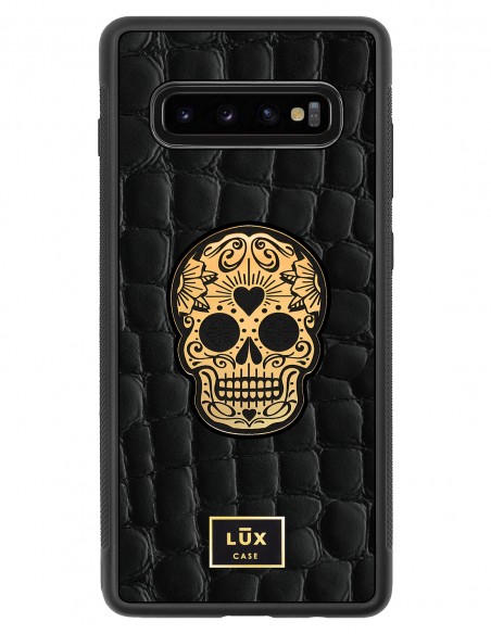 Etui premium skórzane, case na smartfon SAMSUNG GALAXY S10 PLUS. Skóra crocodile czarna ze złotą blaszką i czaszką.