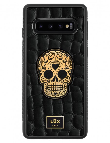 Etui premium skórzane, case na smartfon SAMSUNG GALAXY S10. Skóra crocodile czarna ze złotą blaszką i czaszką.