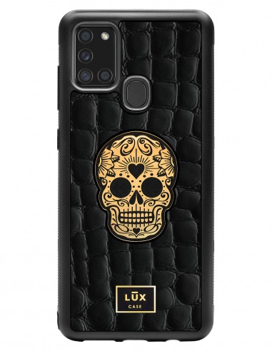 Etui premium skórzane, case na smartfon SAMSUNG GALAXY A21S. Skóra crocodile czarna ze złotą blaszką i czaszką.