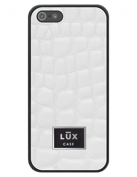 Etui premium skórzane, case na smartfon APPLE iPhone 5. Skóra crocodile biała ze srebrną blaszką.
