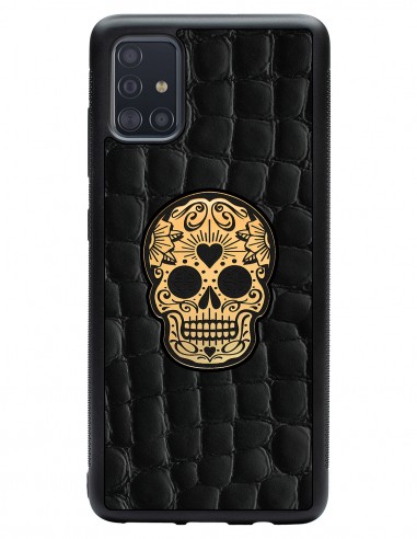 Etui premium skórzane, case na smartfon SAMSUNG GALAXY A51. Skóra crocodile czarna ze złotą czaszką.