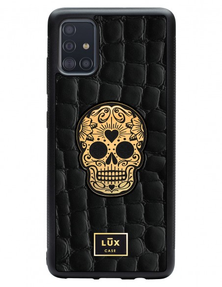 Etui premium skórzane, case na smartfon SAMSUNG GALAXY A51. Skóra crocodile czarna ze złotą blaszką i czaszką.