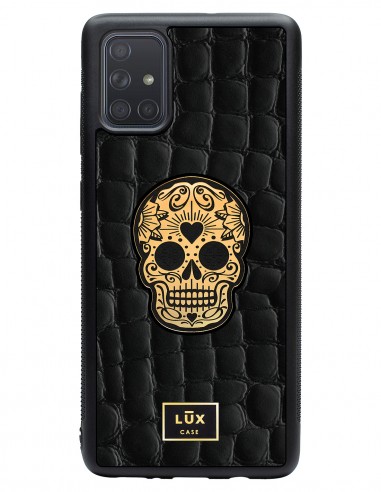Etui premium skórzane, case na smartfon SAMSUNG GALAXY A71. Skóra crocodile czarna ze złotą blaszką i czaszką.