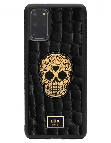 Etui premium skórzane, case na smartfon SAMSUNG GALAXY S20 PLUS. Skóra crocodile czarna ze złotą blaszką i czaszką.