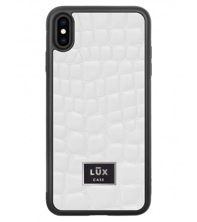 Etui premium skórzane, case na smartfon APPLE iPhone XS MAX. Skóra crocodile biała ze srebrną blaszką.