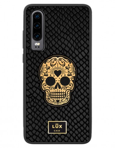 Etui premium skórzane, case na smartfon HUAWEI P30. Skóra iguana czarna ze złotą blaszką i złotą czaszką.