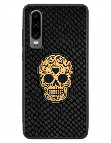 Etui premium skórzane, case na smartfon HUAWEI P30. Skóra iguana czarna ze złotą czaszką.